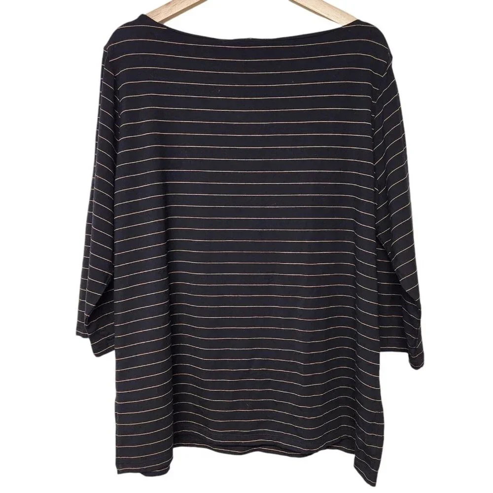 Lauren Ralph Laren 3X Boat Neck Top 3/4 Sleeves Black Tan Stripes Stretch Preppy - Picture 2 of 5